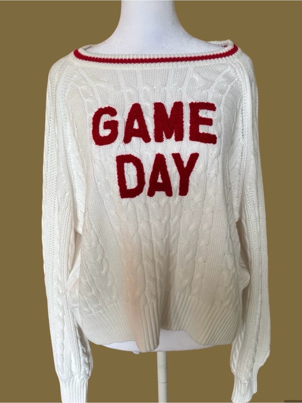 NWT Cream 'Game Day' Cable Knit Sweater with Red Lettering